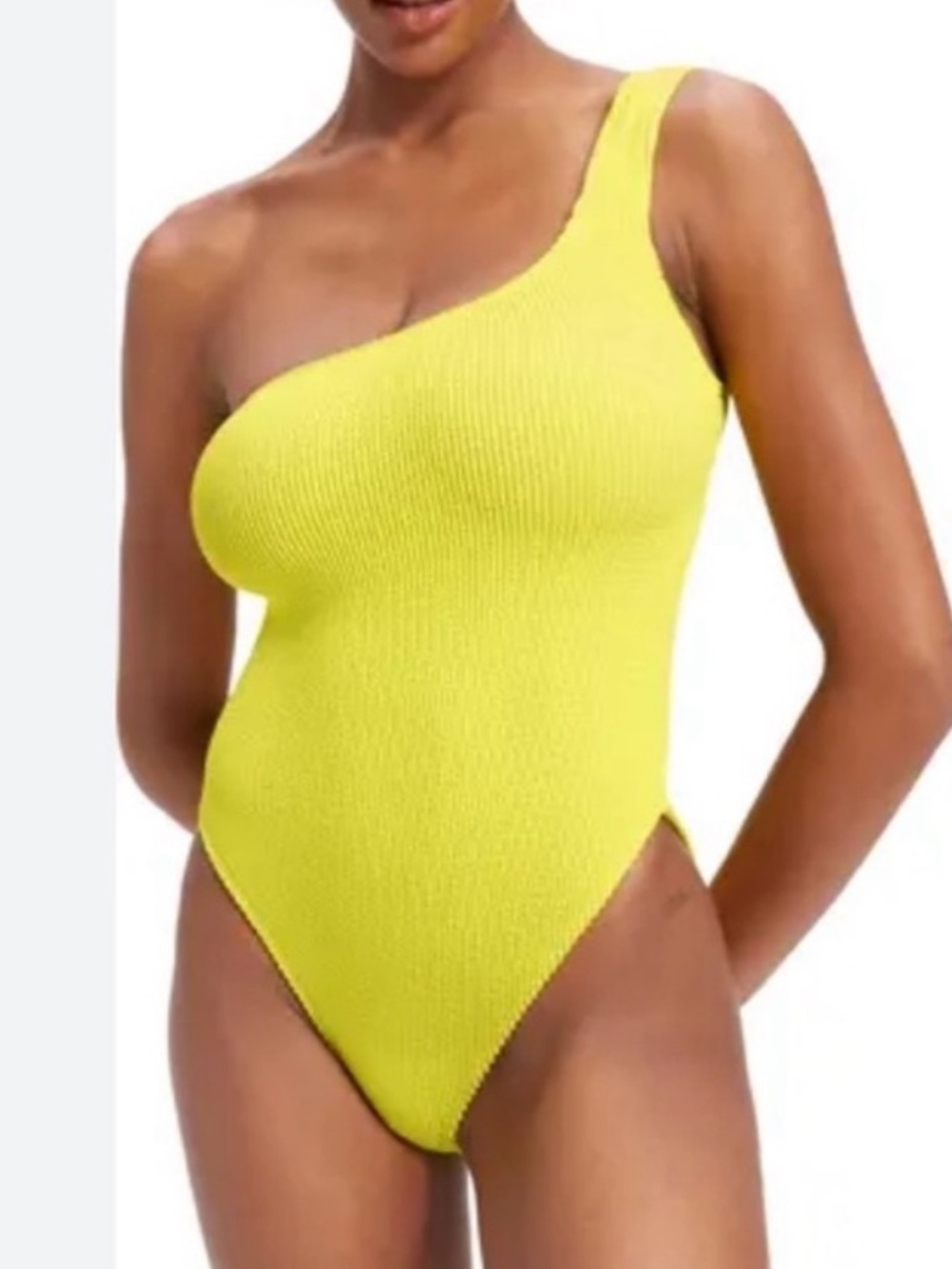 Good American Bright Yellow Ribbed One-Shoulder Swimwear